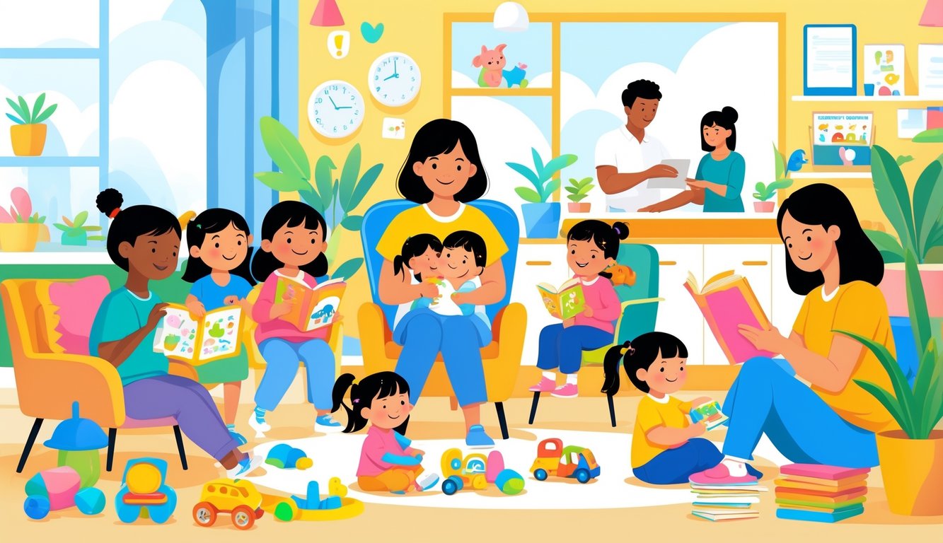 Çalışan ebeveynler için çeşitli çocuk bakımı seçeneklerinde mutlu çocuklar ve dikkatli bakıcılar, güvenli ve renkli bir çocuk bakım merkezinde bir arada.