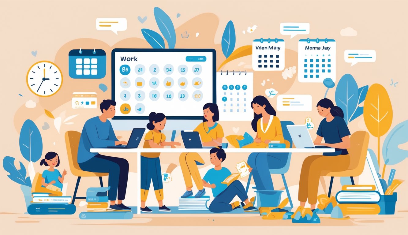 Evde çalışan ebeveynlerin çocuklarına bakarken aynı zamanda işlerini yürüttükleri bir sahne, çocuklar oyun oynuyor ve ebeveynler bilgisayar başında çalışıyor.