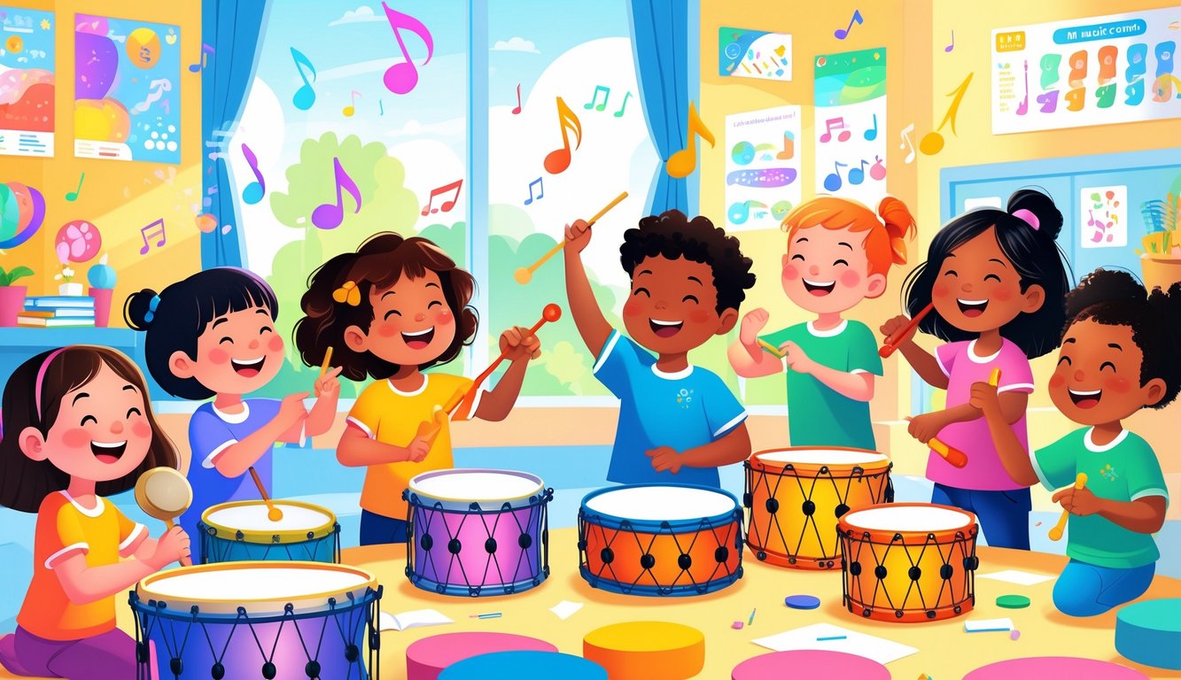 Farklı çocukların müzik aletleri çalarak neşeyle ritim tutmaları ve birlikte oyun oynamaları.