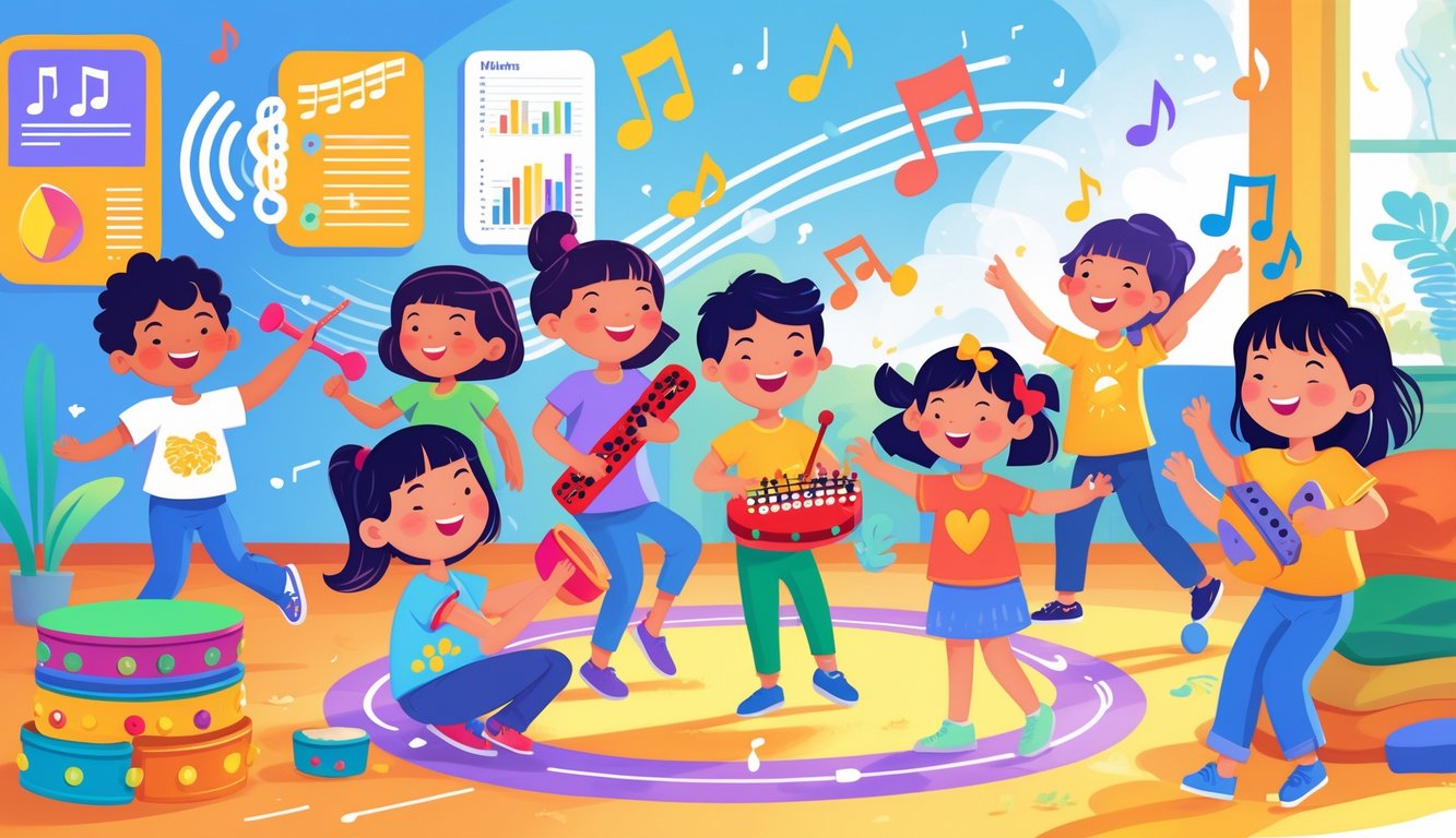 Çeşitli yaşlarda çocuklar müzik aletleri çalıyor, ellerini şıklatıyor ve ritimle dans ediyor.