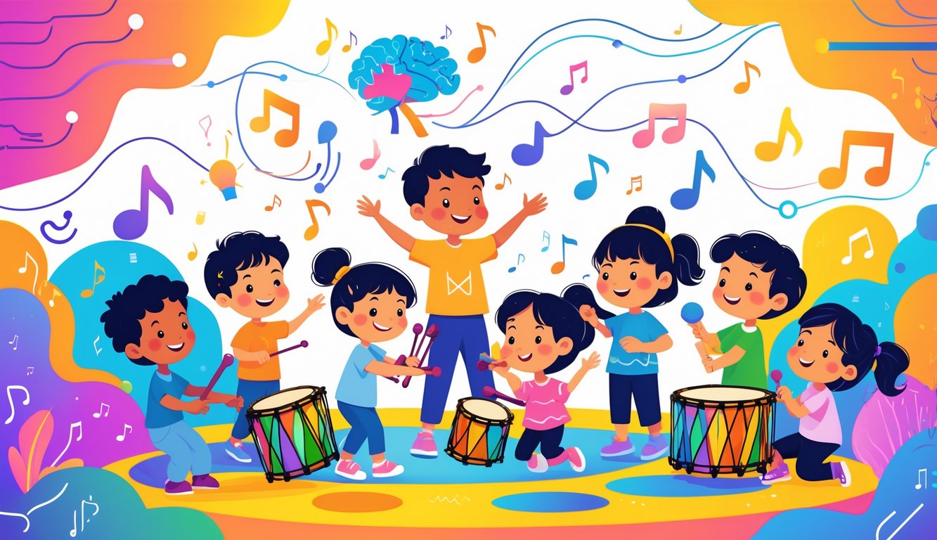 Çocukların müzik ve ritimle bilişsel gelişimlerini destekleyen, müzik aletleri çalarken neşeyle oynadıkları bir sahne.