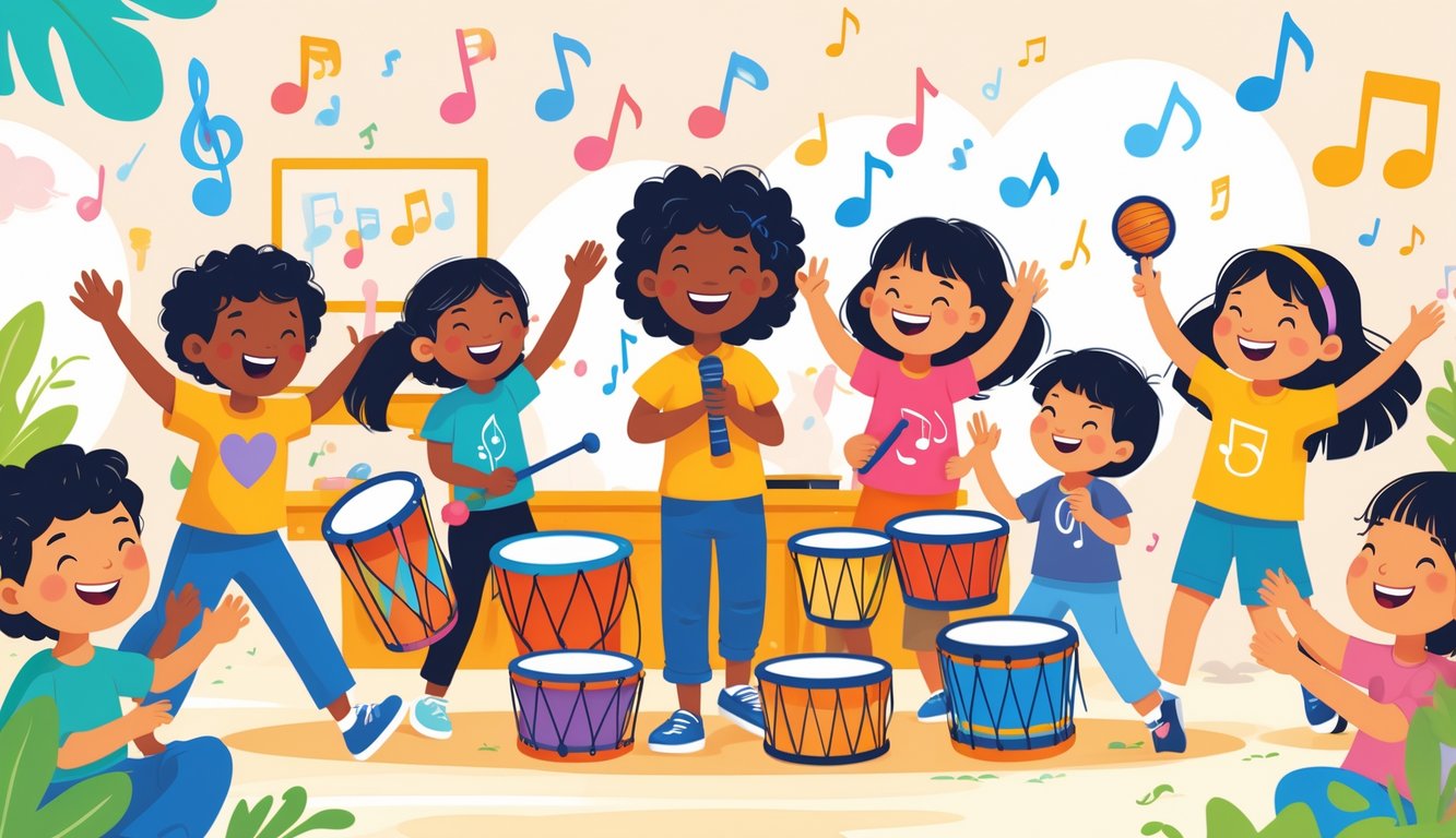 Bir grup çocuk müzik aletleri çalıyor, dans ediyor ve birlikte neşeyle vakit geçiriyor.