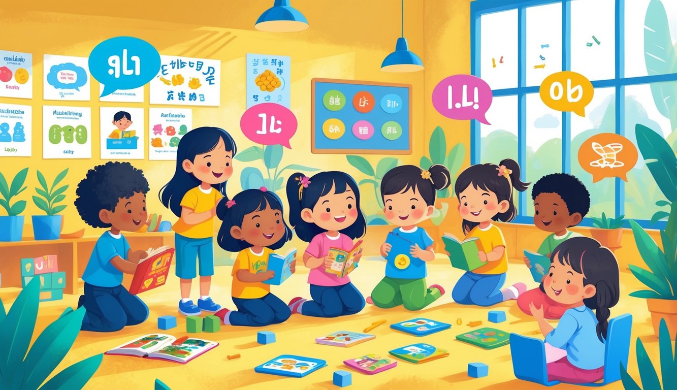 Farklı etnik kökenlerden çocukların renkli bir sınıfta birlikte oyun oynayıp dil öğrenme etkinliklerine katılması.