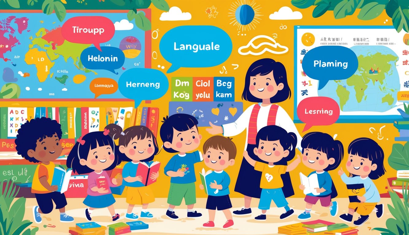 Farklı dillerden sembollerle çevrili, bir öğretmenin rehberliğinde birlikte oynayan çeşitli çocuklar.