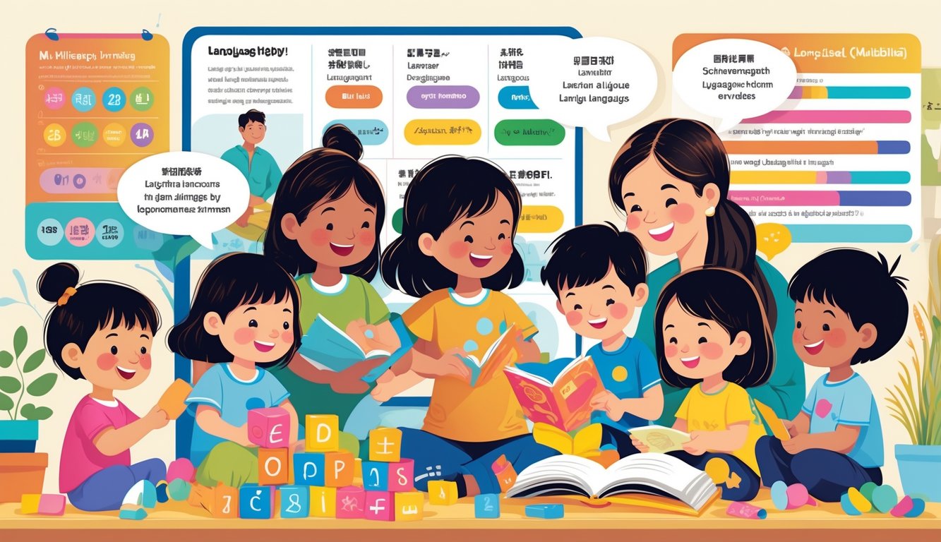 Farklı etnik kökenlerden çocukların dil öğrenme etkinliklerinde bulunduğu, bir yetişkinin onları desteklediği neşeli bir sahne.