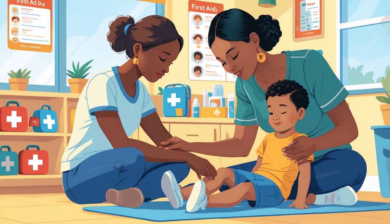 Bir yetişkinin çocuk için ilk yardım yaptığı, ebeveyn ve öğretmenin çocuğa destek olduğu güvenli ve aydınlık bir ortam.