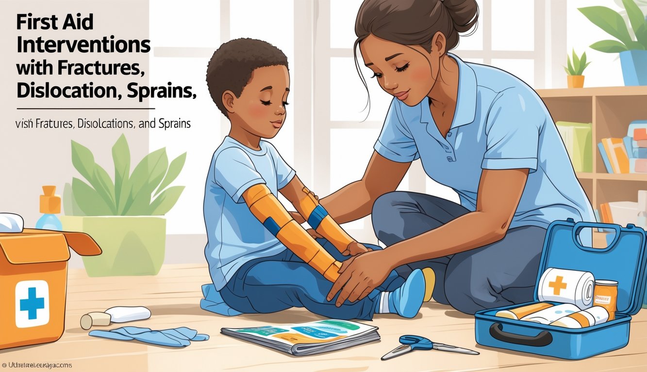 Bir yetişkin, çocukta kol yaralanması için evde basit bir atel uyguluyor, yanında açık bir ilk yardım çantası var.