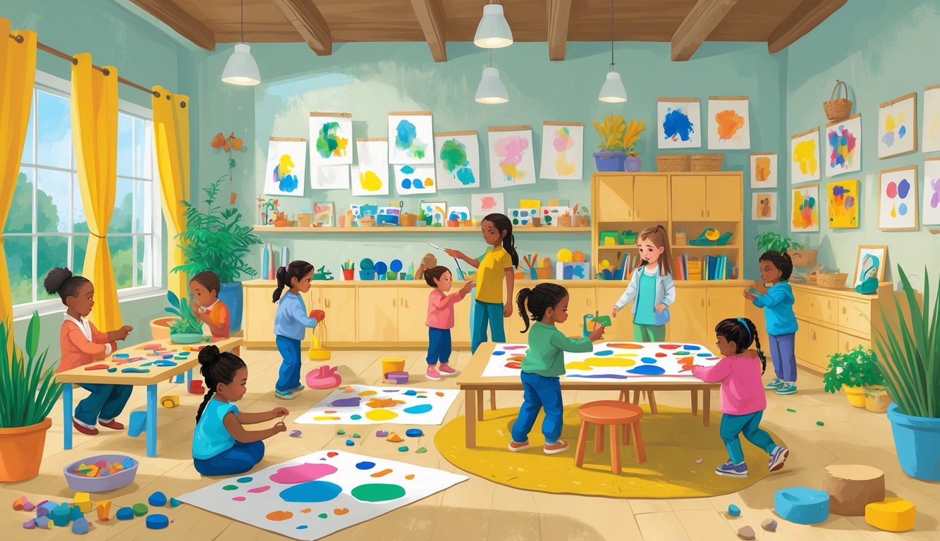 Çocukların yaratıcılıklarını keşfettikleri, doğal ışıkla dolu bir sınıfta çeşitli etkinlikler yaptığı bir sahne.