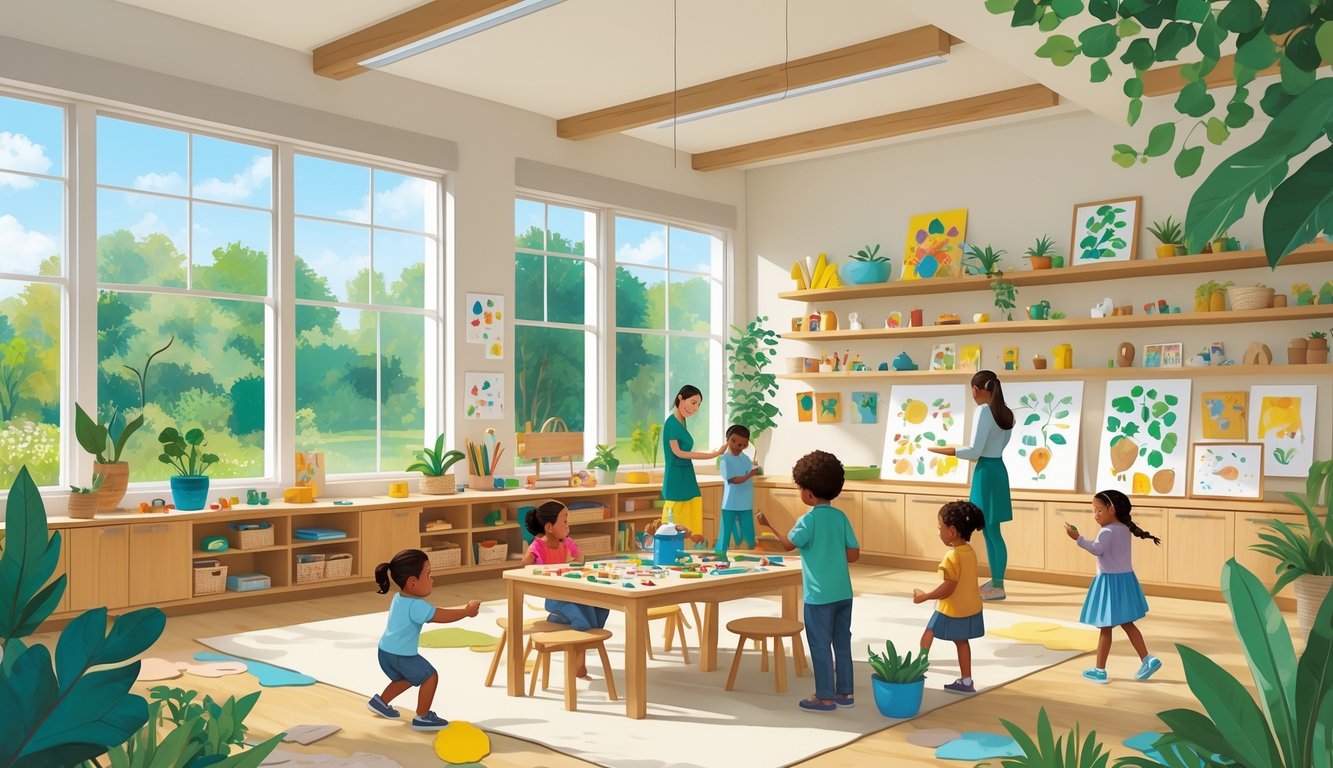 Çocukların yaratıcı etkinlikler yaptığı, doğal ışık alan, bitkilerle dolu ve öğretmenlerin rehberlik ettiği bir sınıf ortamı.