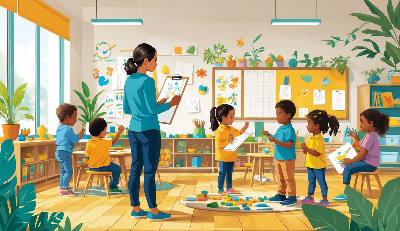 Öğretmen, çocukların yaratıcılıkla etkinlikler yaptığı bir sınıfta onları gözlemliyor ve not alıyor.