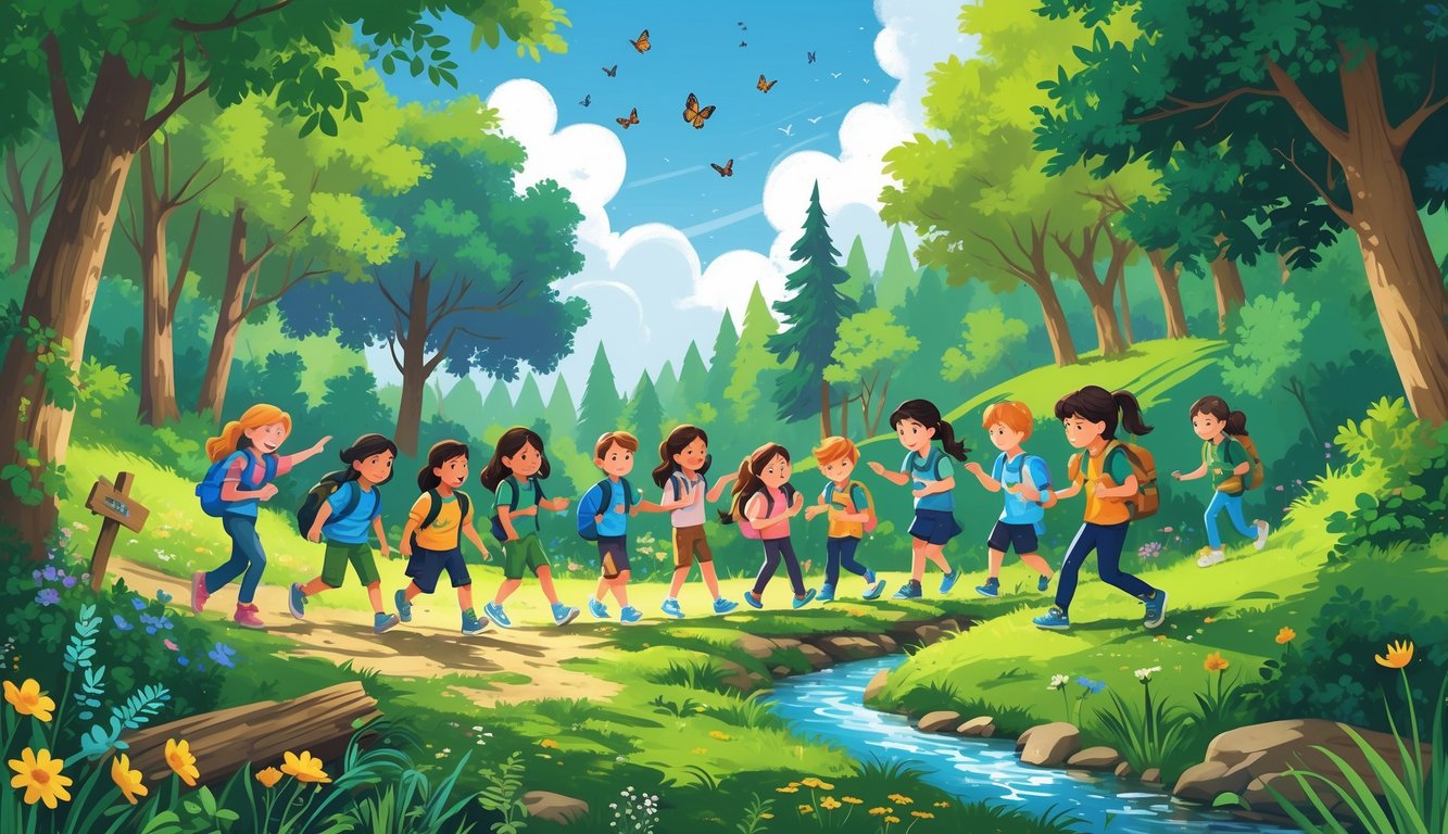 Ormanda doğa yürüyüşü yapan ve açık hava oyunları oynayan çocuklar.