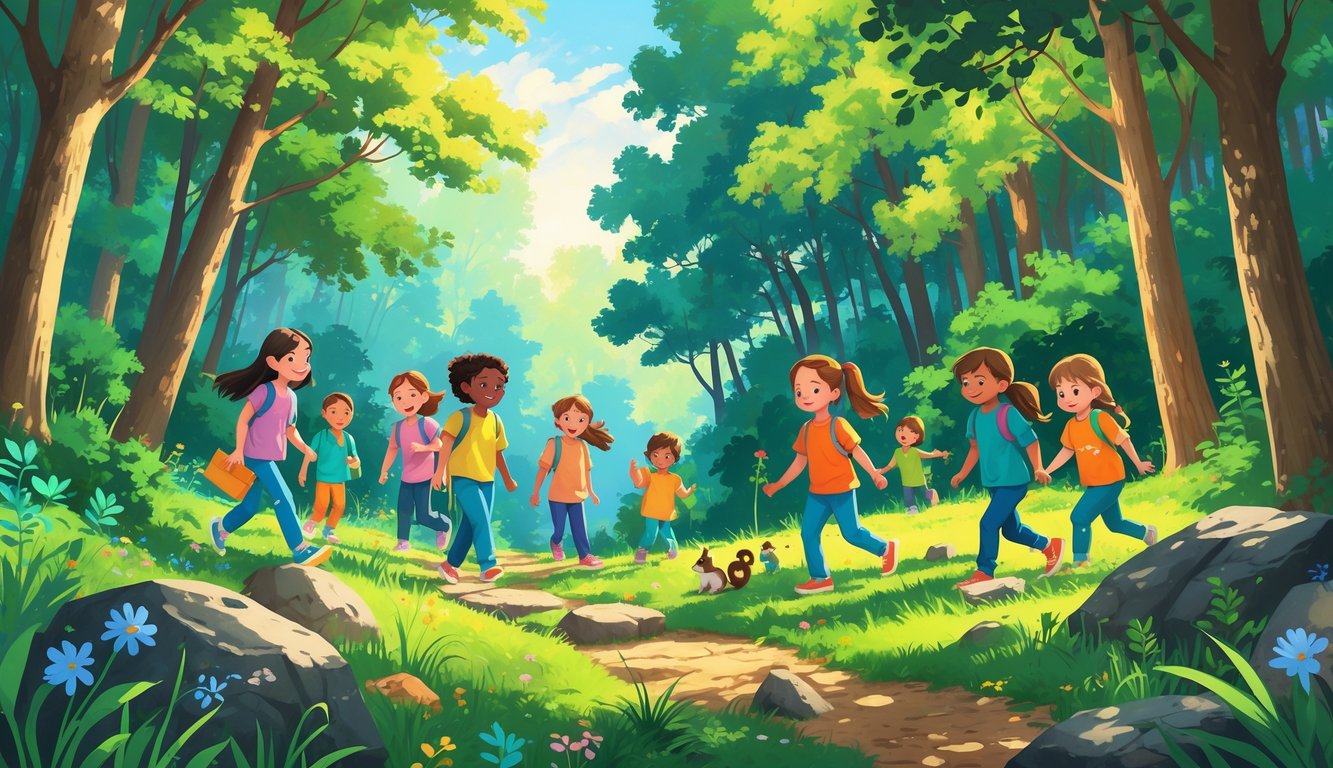 Ormanda doğa yürüyüşü yapan ve açık havada oynayan çocukların olduğu bir sahne.