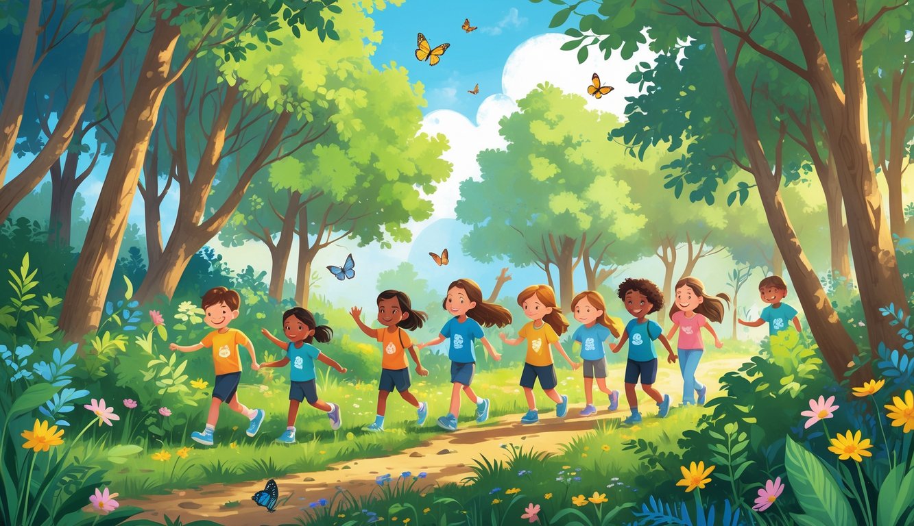 Ormanda doğa yürüyüşü yapan ve açık hava oyunları oynayan çocukların bulunduğu neşeli bir sahne.