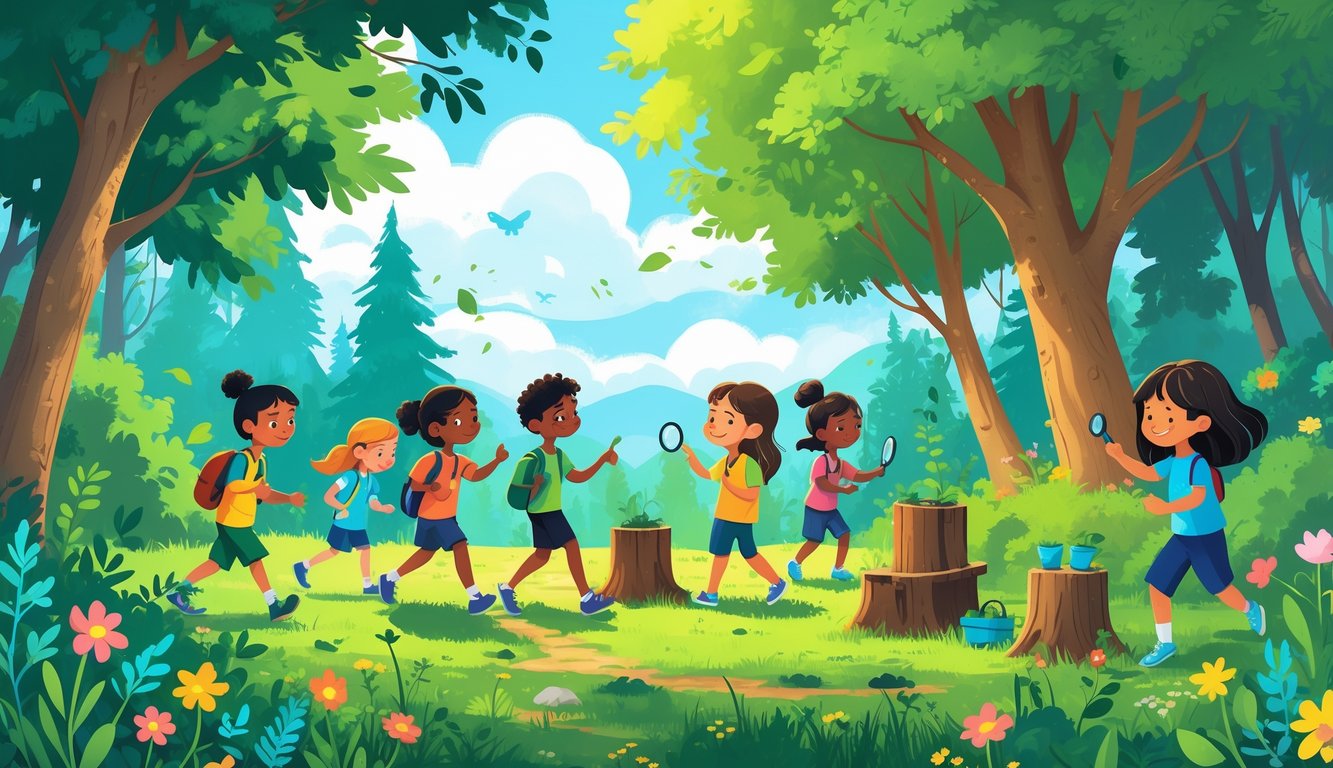 Ormanda doğa yürüyüşü yapan ve açık hava oyunları oynayan çocuklar, çevreyi keşfediyor ve birlikte vakit geçiriyor.