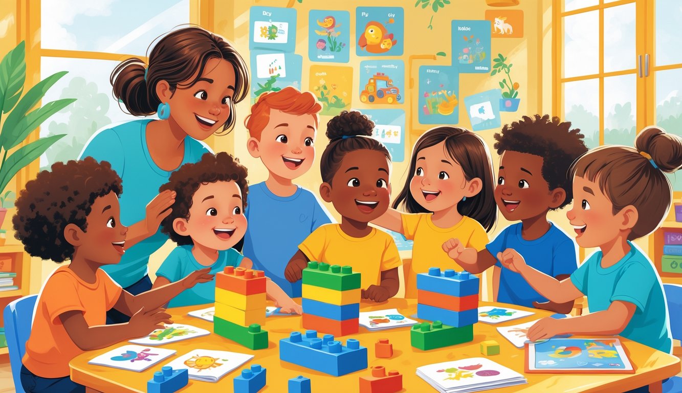 Çocukların oyuncaklarla oynayarak ve bir yetişkinle etkileşimde bulunarak öğrenme sürecinde olduğu neşeli bir sınıf ortamı.