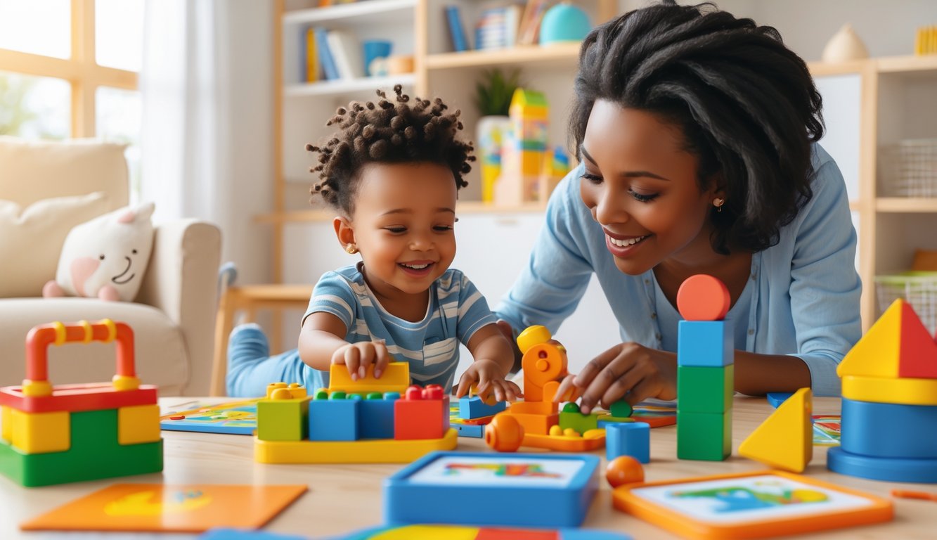 Bir ebeveyn ve çocuk, renkli oyuncaklarla oyun oynayarak birlikte öğreniyor ve birbirleriyle iletişim kuruyor.