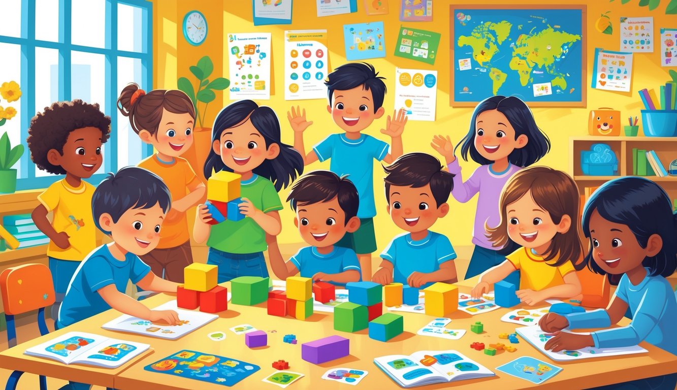 Çeşitli çocukların birlikte oyun oynayarak öğrenip etkileşimde bulunduğu, neşeli ve aydınlık bir sınıf ortamı.