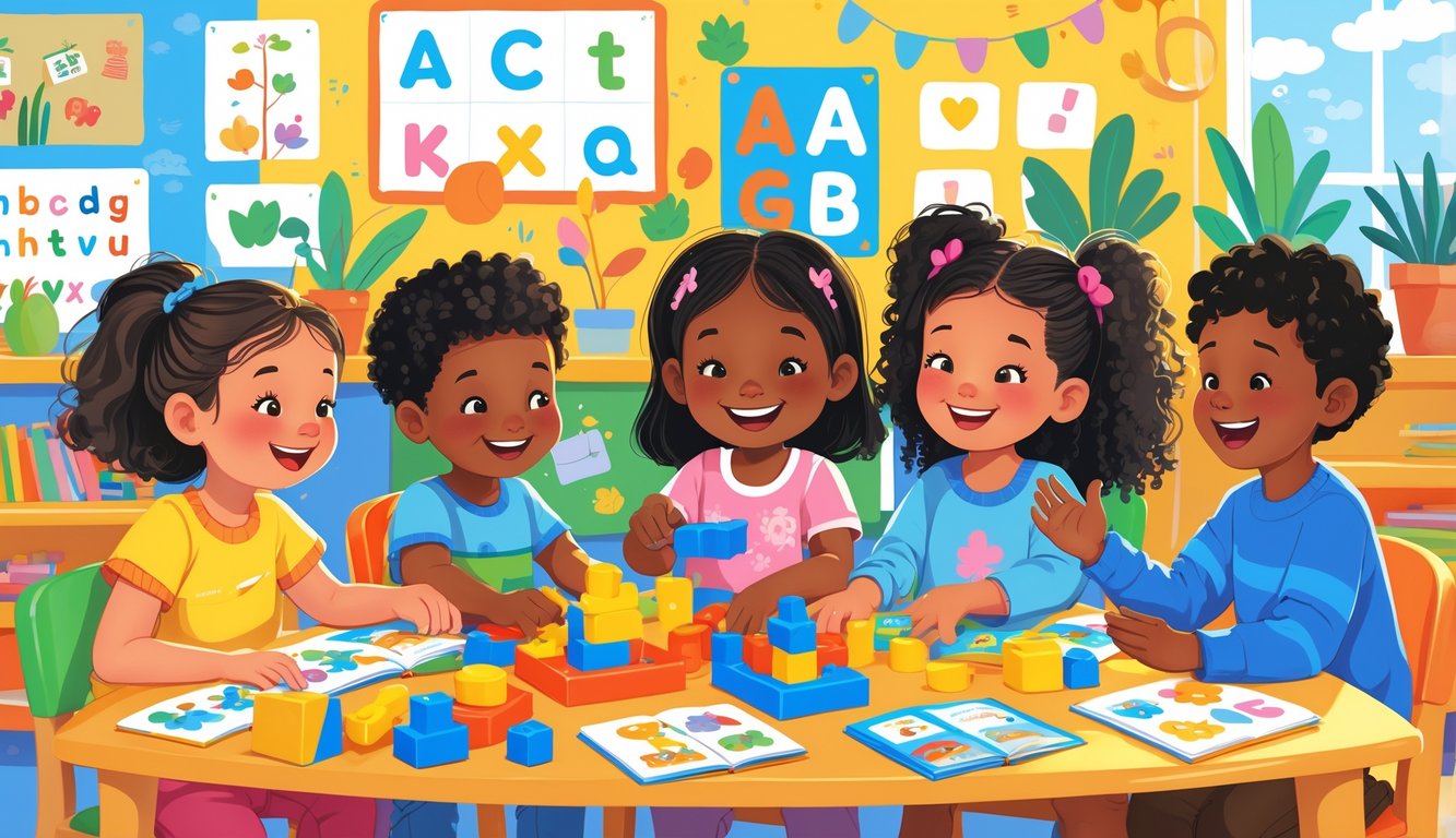 Bir grup çocuk, renkli bir sınıf ortamında birlikte oyun oynuyor, paylaşıyor ve sabırla işbirliği yapıyor.
