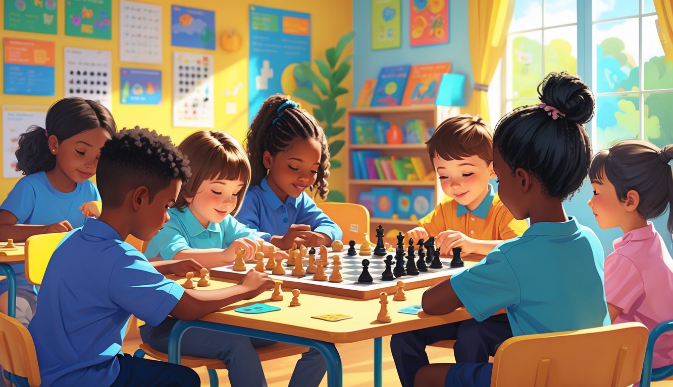 Bir sınıfta satranç ve akıl oyunları oynayan, stratejik düşünen çocuklar.