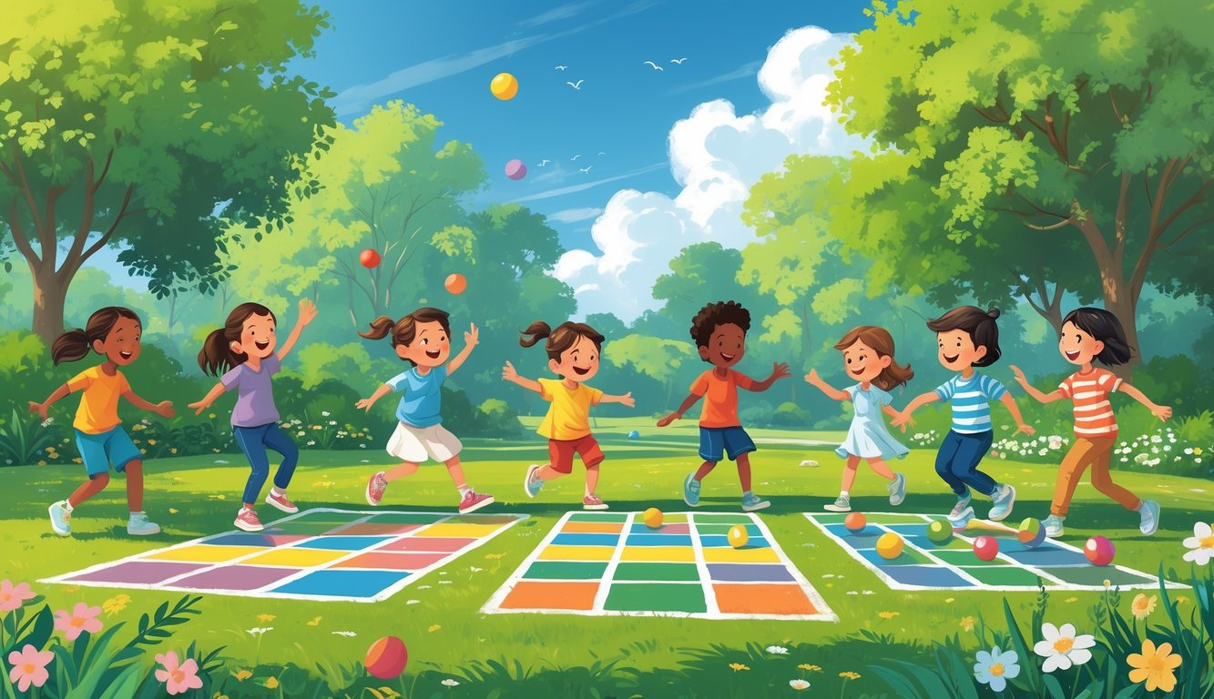 Parkta çeşitli geleneksel çocuk oyunları oynayan mutlu çocuklar, hopscotch, misket ve topaç oyunlarıyla eğleniyorlar.