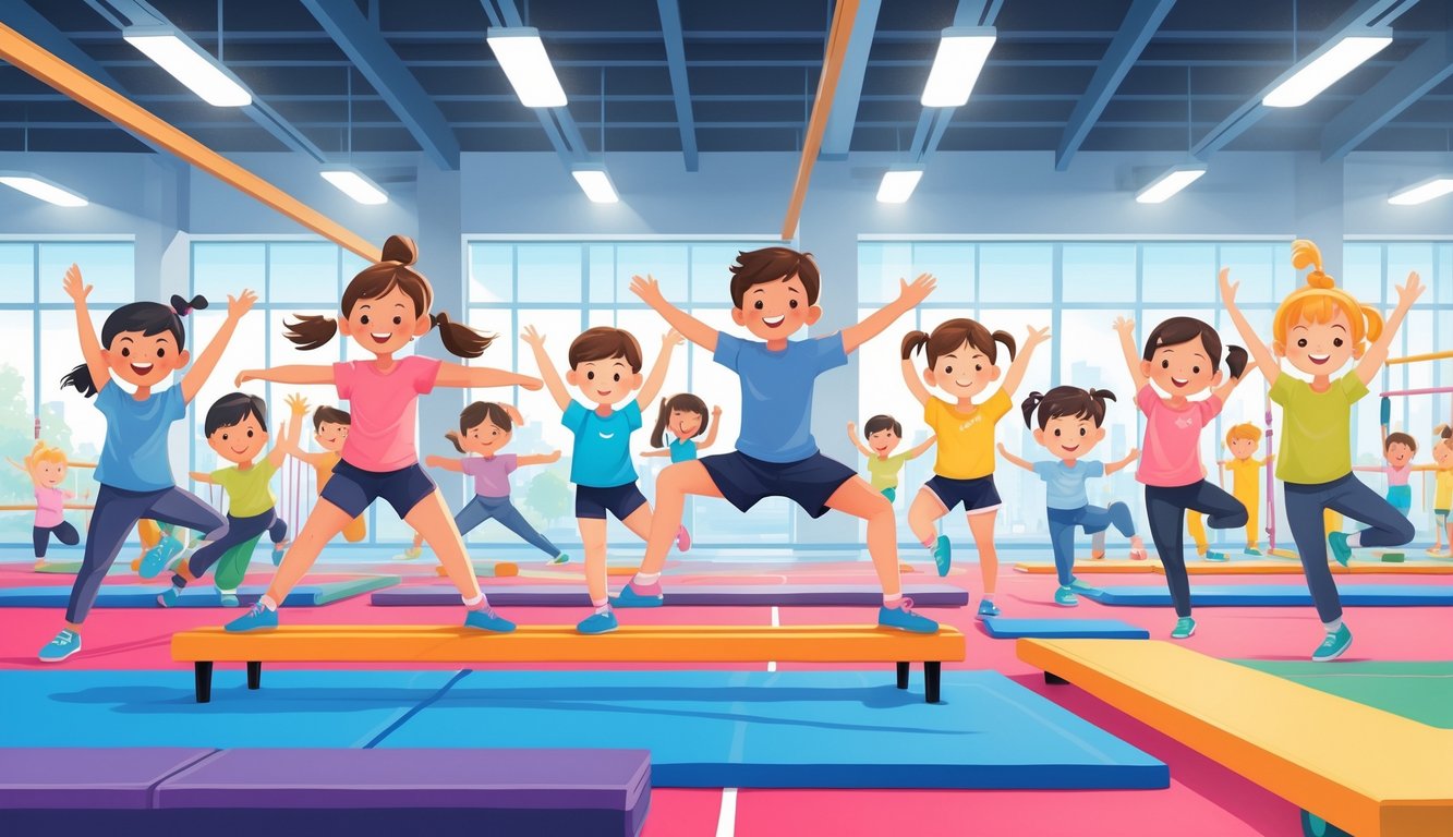 Jimnastik yapan ve egzersizle fiziksel gelişim gösteren çocukların bulunduğu bir spor salonu sahnesi.