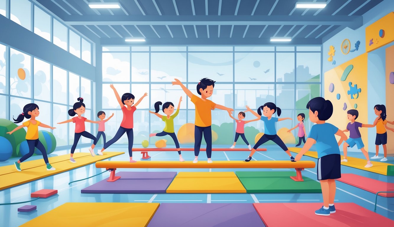 Çeşitli jimnastik hareketleri yapan ve spor aktivitelerine katılan çocukların olduğu bir spor salonu sahnesi.