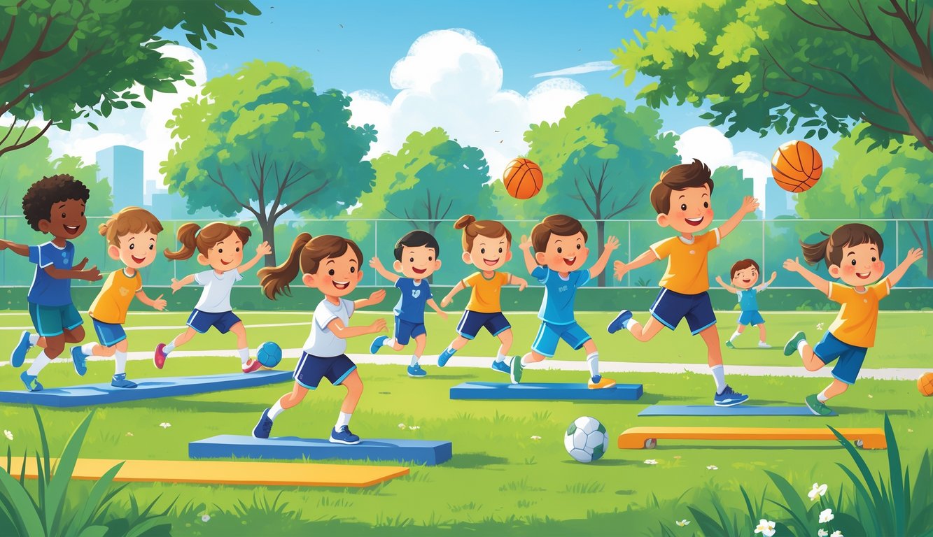 Çocukların parkta takım sporları yaparken ve jimnastik hareketleriyle fiziksel gelişimlerini desteklediği bir sahne.