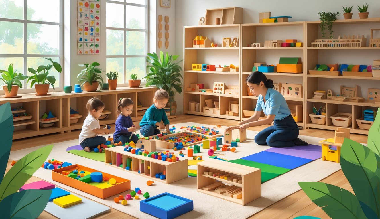 Çocukların Montessori sınıfında çeşitli eğitim materyalleriyle etkinlik yaptığı, öğretmenin rehberlik ettiği bir sınıf ortamı.