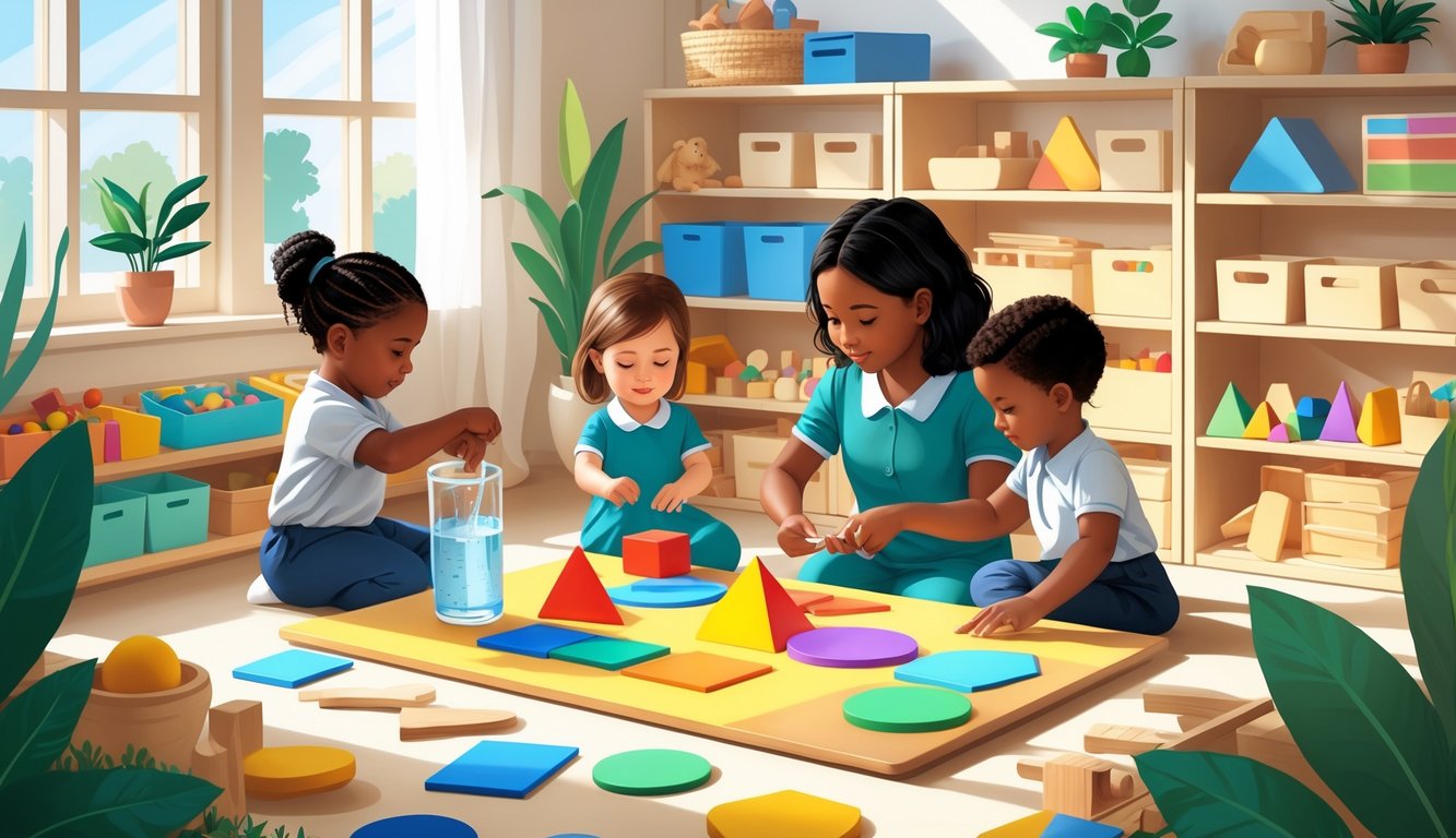 Çeşitli Montessori etkinlikleri yapan çocuklar ve onları nazikçe yönlendiren öğretmenin bulunduğu aydınlık ve düzenli bir sınıf ortamı.