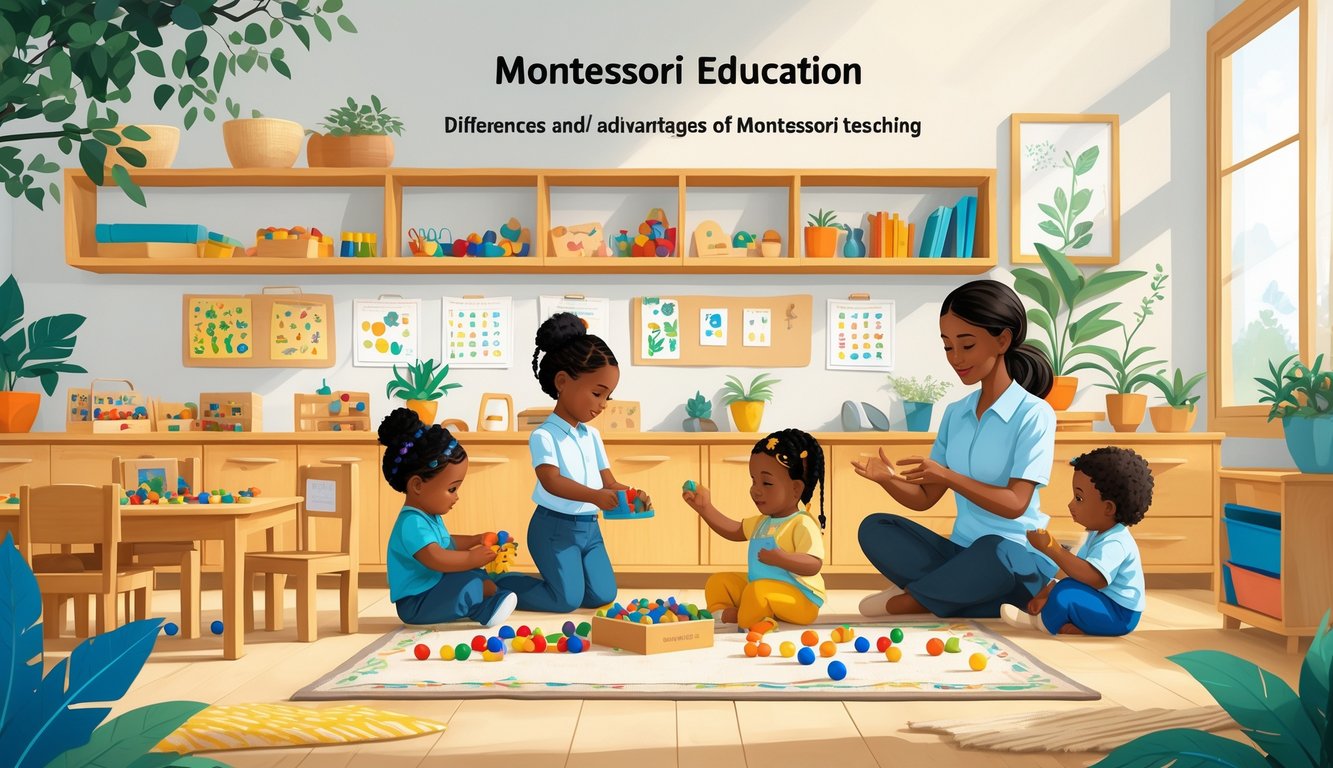 Çeşitli çocukların Montessori sınıfında öğretmen eşliğinde öğrenme etkinlikleri yaptığı, doğal ışık alan ve düzenli bir sınıf ortamı.
