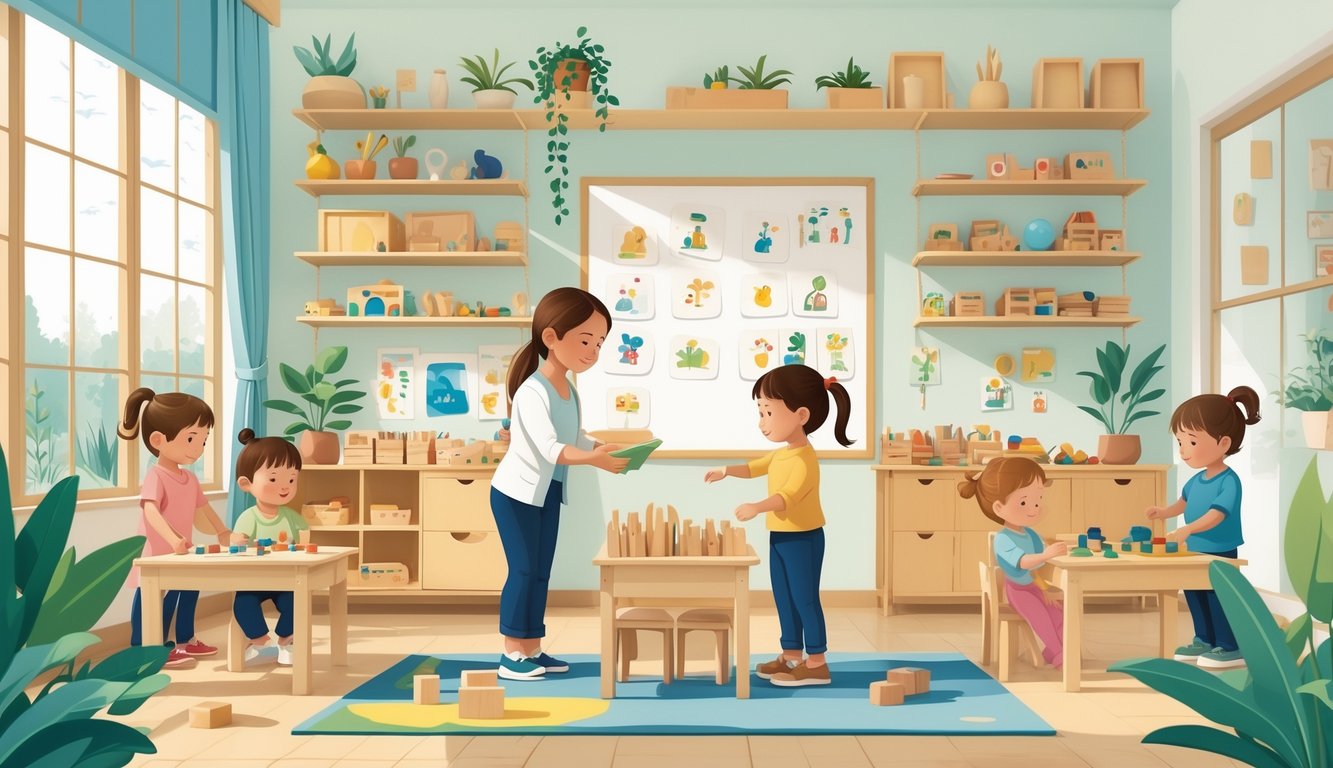 Okul öncesi sınıfta çocuklar Montessori materyalleriyle öğrenirken öğretmen rehberlik ediyor.