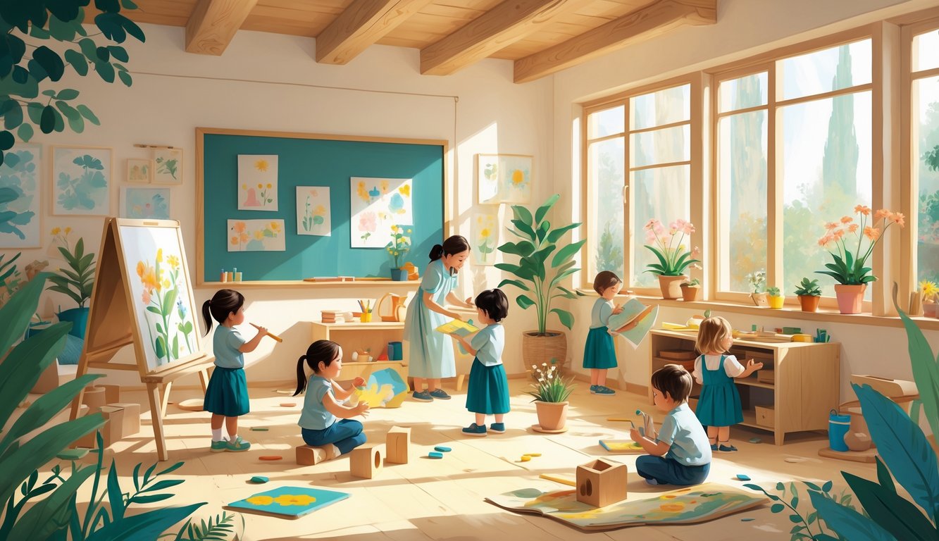 Okul öncesi çocukların sanat ve doğa ile iç içe yaratıcı etkinlikler yaptığı, öğretmenin rehberlik ettiği aydınlık ve sıcak bir sınıf ortamı.