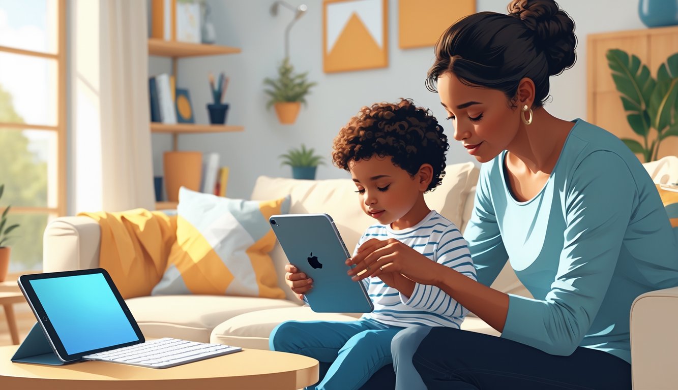 Bir ebeveyn, çocuk ekran süresi yönetimi için çocuğunu tablette oynamaktan farklı bir aktiviteye yönlendiriyor, çocuk kitap okuyor veya oyuncaklarla oynuyor.