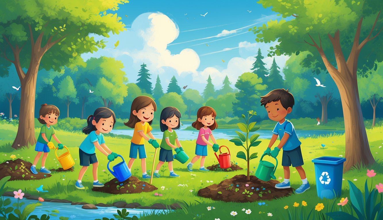 Çocukların parkta ağaç diktiği, çiçek suladığı ve çevreyi temizlediği bir doğa sahnesi.