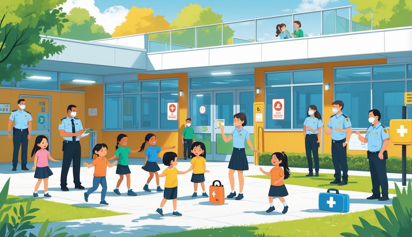 Okul bahçesinde çocuklar ve personel birlikte güvenli bir ortamda bulunuyor, çocuklar oyun oynuyor, personele ve güvenlik görevlilerine dikkatle bakıyorlar.