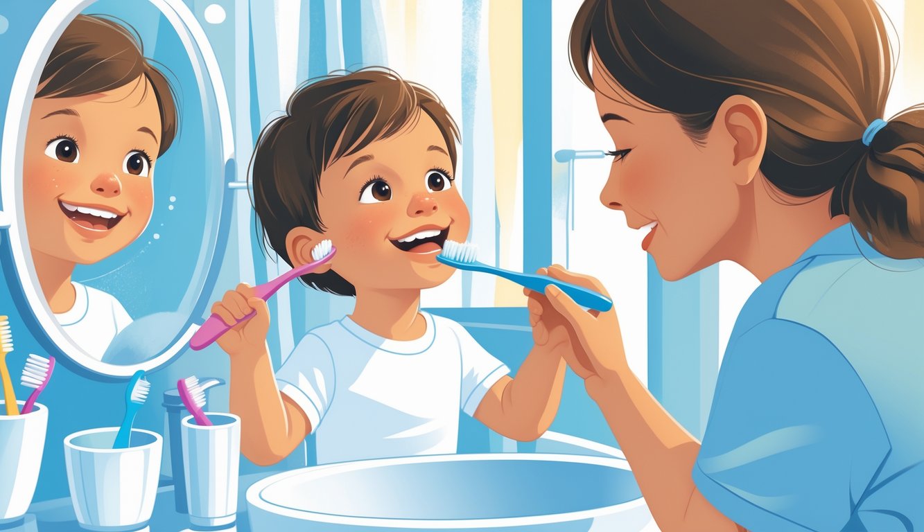 Bir çocuk dişlerini fırçalarken yanında ebeveyn yardım ediyor, banyo lavabosu ve diş bakım malzemeleri görünür.