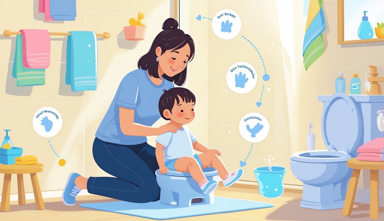 Bir ebeveyn, tuvalet eğitiminde çocuğuna destek olurken çocuğun küçük bir lazımlıkta oturduğu bir banyo sahnesi.