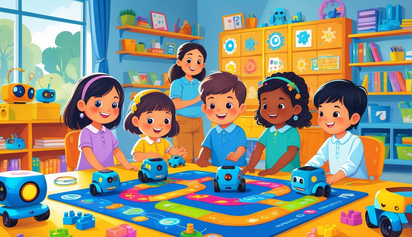 Anaokulunda çocuklar, küçük robotlar ve tabletlerle kodlama etkinlikleri yapıyor, öğretmenleri onları neşeyle yönlendiriyor.