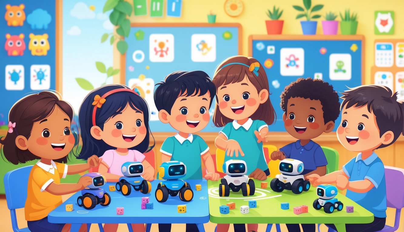 Anaokulunda çocuklar robotik ve kodlama etkinliği yaparken neşeyle etkileşimde bulunuyor, öğretmenleri onlara rehberlik ediyor.