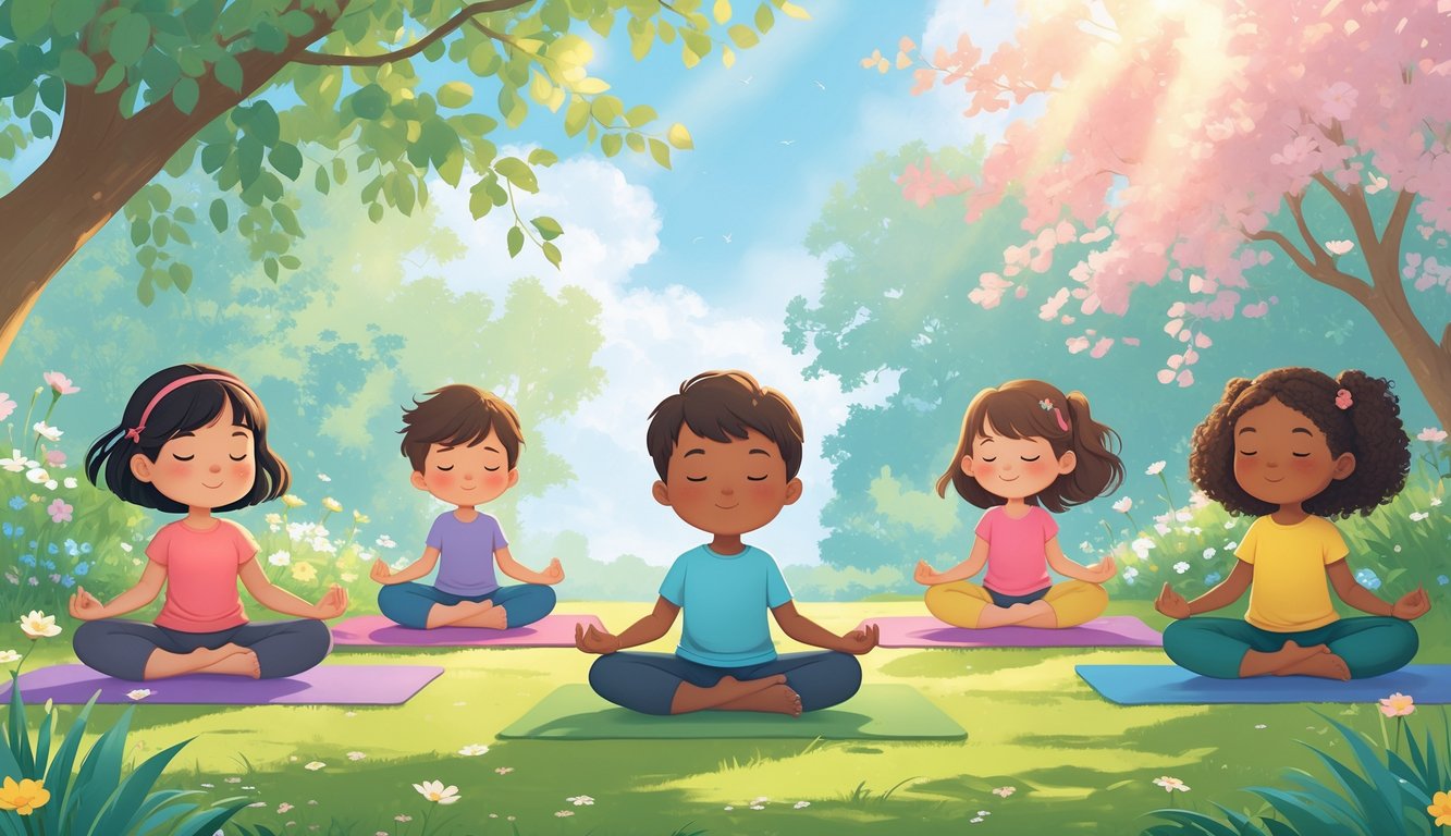 Bir parkta yoga yapan ve meditasyon yapan çeşitli çocuklar, sakin ve odaklanmış bir şekilde oturuyorlar.