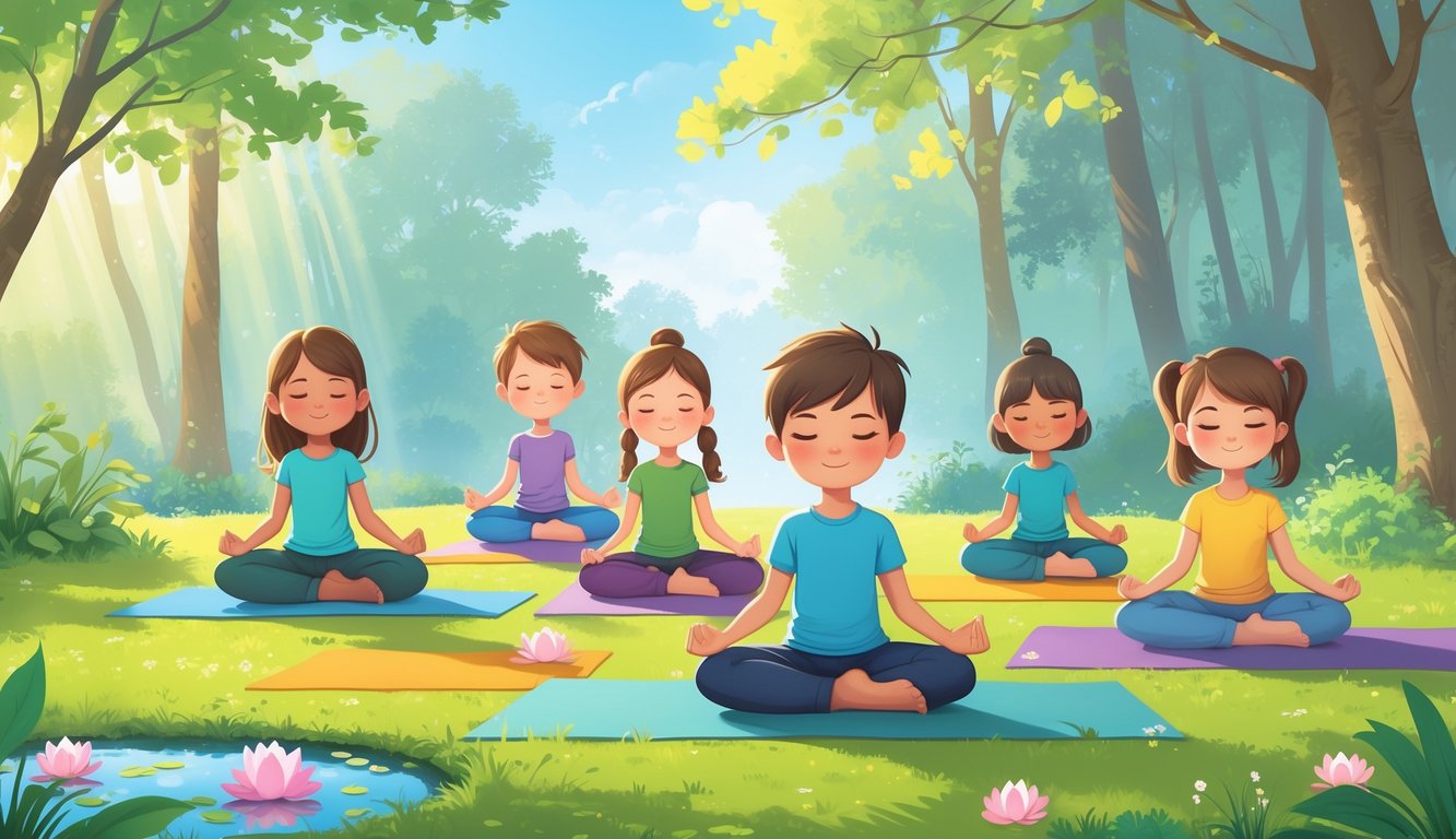 Çocukların açık havada yoga yapıp meditasyonla sakinleştiği huzurlu bir sahne.