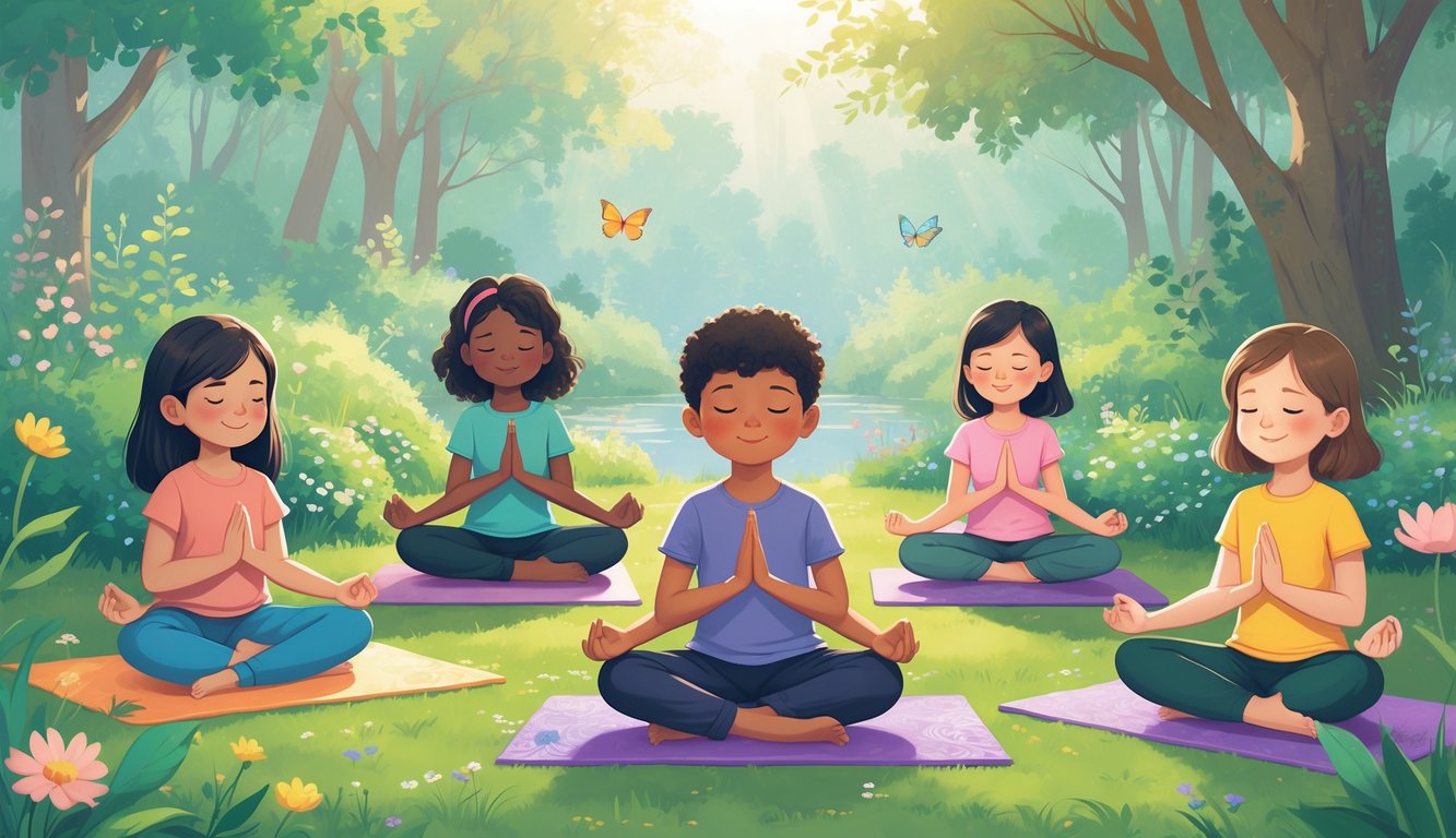 Çocukların açık havada yoga ve meditasyon yaptıkları, sakin ve huzurlu bir ortam.