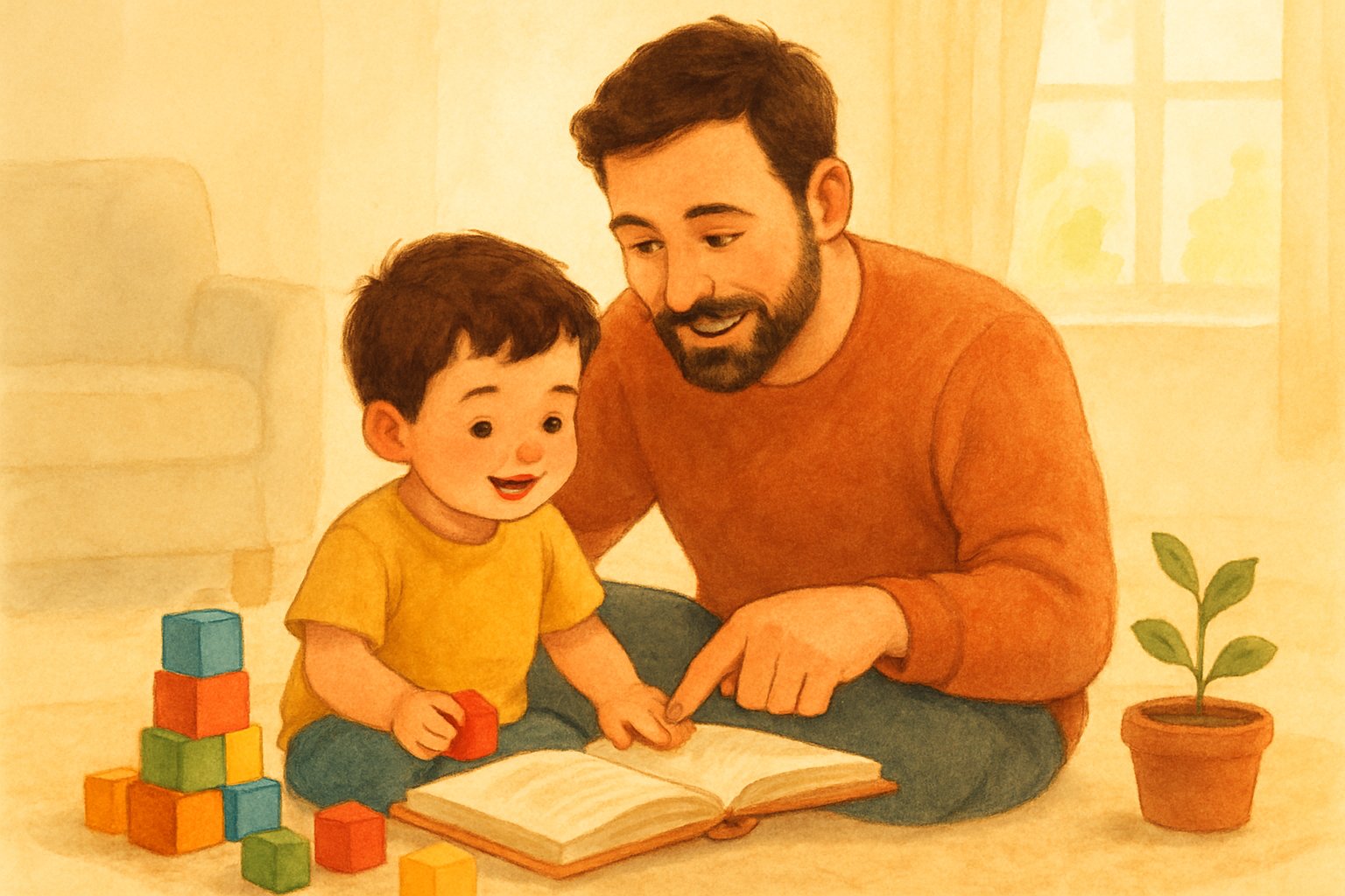 Bir baba ve çocuğu birlikte oyun oynuyor ve kitap okuyor, sevgi dolu ve güvenli bir ortamda etkileşim halindeler.