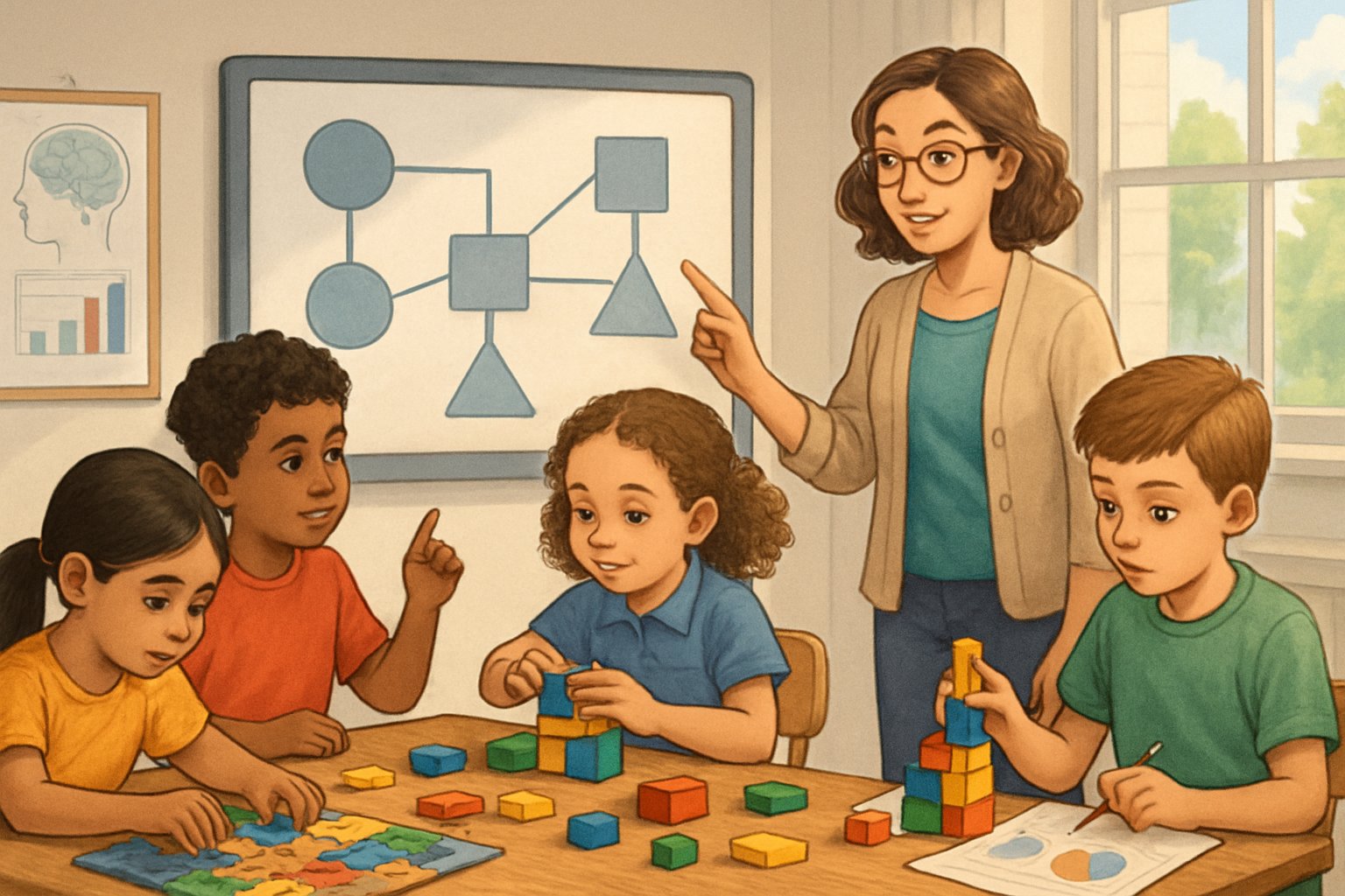 Bir sınıfta, çeşitli problem çözme etkinlikleriyle analitik düşünme becerilerini geliştiren çocuklar ve onları yönlendiren bir öğretmen.