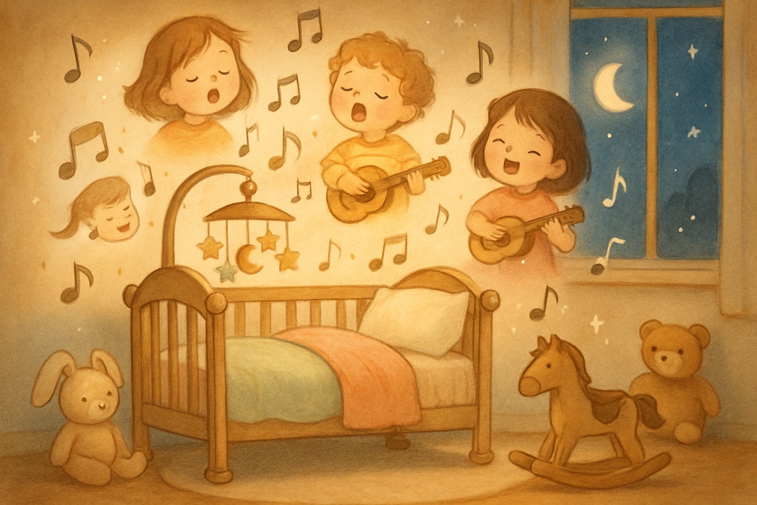 Yumuşak pastel renklerde bebek yatağı ve oyuncaklarla dolu huzurlu bir çocuk odası, pencereden görünen ay ve yıldızlarla gece atmosferi.