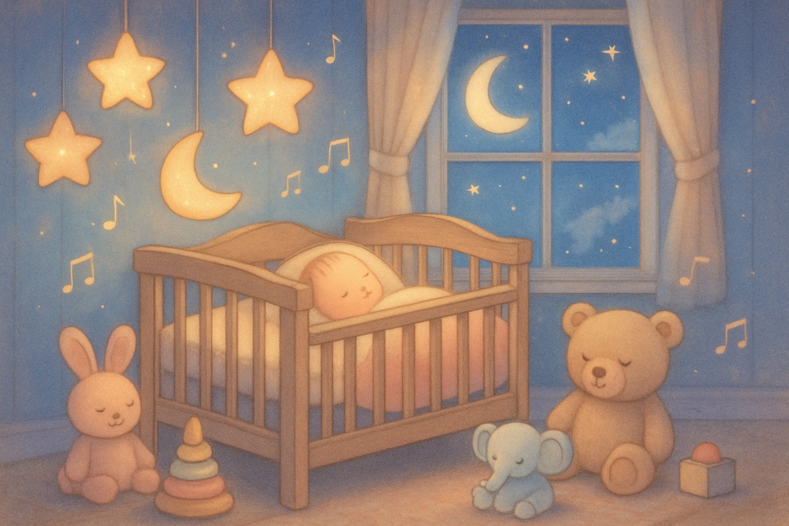 Bir bebek karyolasının etrafında yumuşak yıldızlar ve ay ışığıyla huzurlu bir gece odası, oyuncaklar ve peluş hayvanlar ile çevrili.