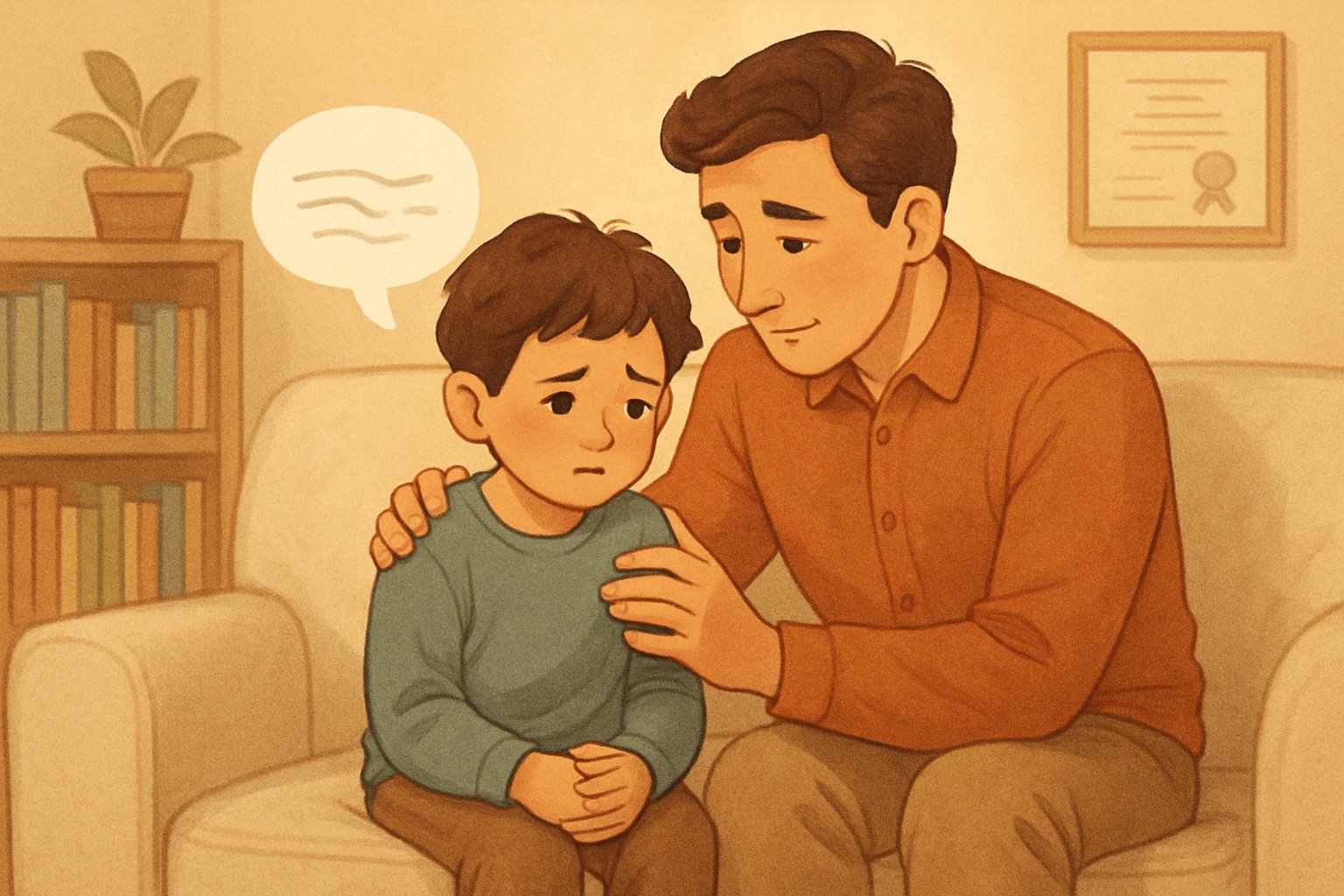 Endişeli bir ebeveyn, konuşmakta zorlanan küçük bir çocuğu nazikçe teselli ediyor.