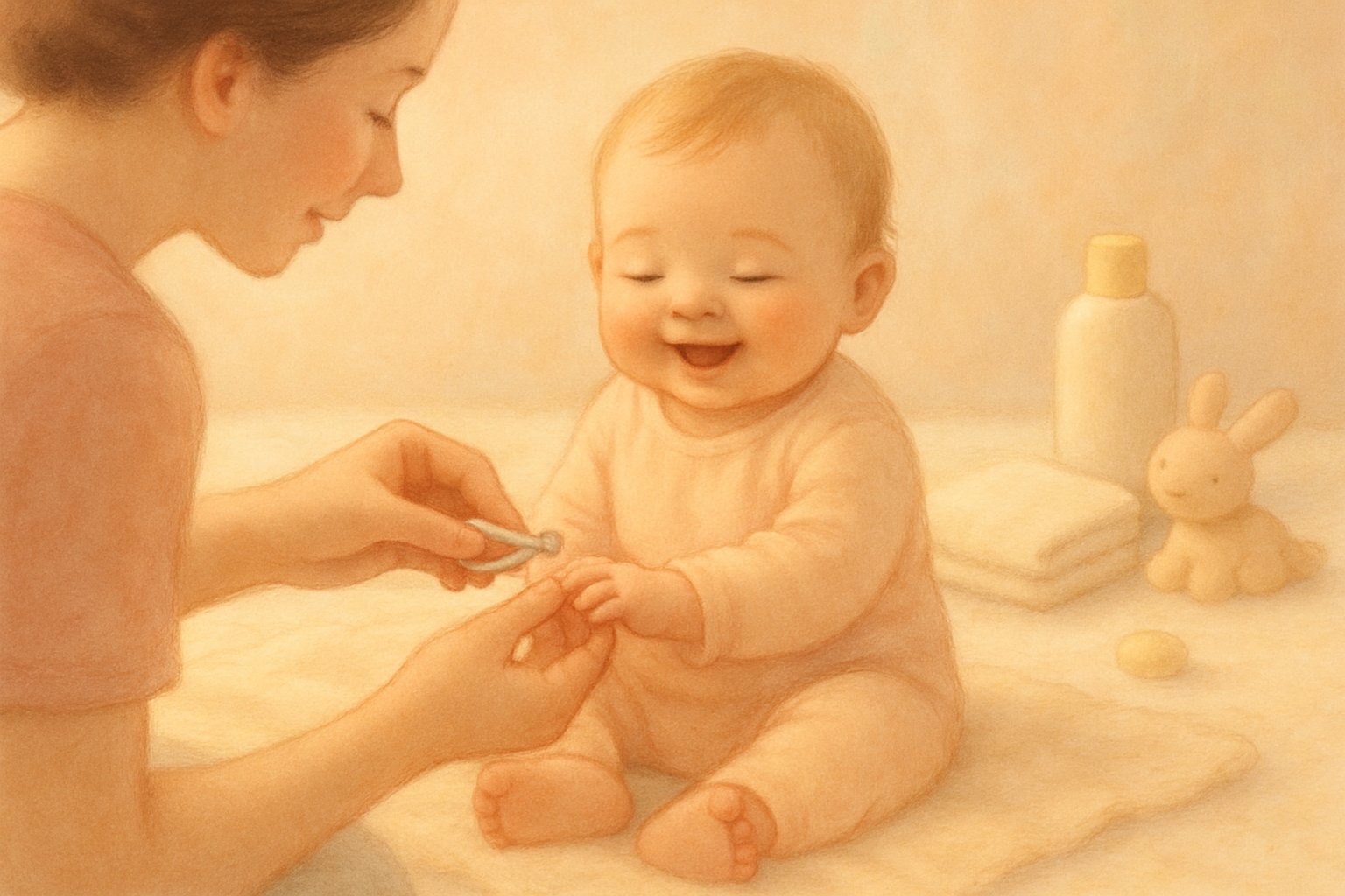 Bir ebeveyn, gülümseyen bir bebeğin tırnaklarını dikkatle kesiyor, bebek yumuşak bir örtünün üzerinde oturuyor.