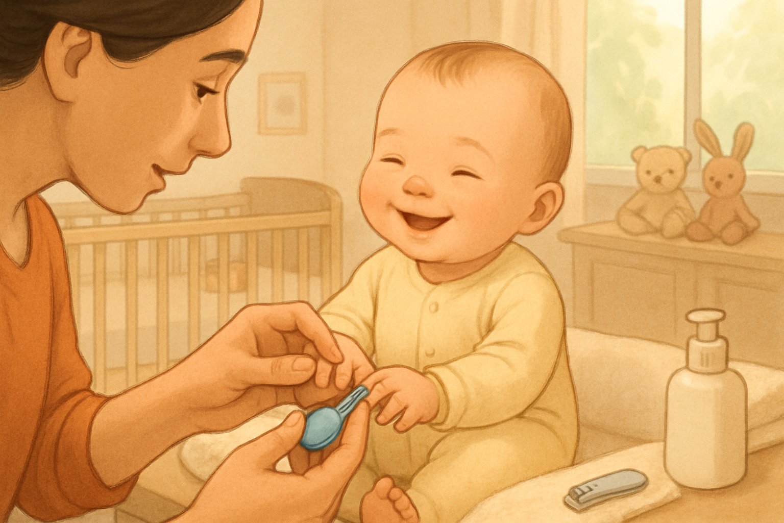 Bir ebeveyn, bebek odasında gülümseyen bir bebeğin tırnaklarını nazikçe kesiyor.