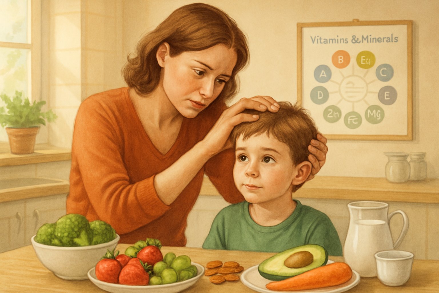 Bir ebeveyn, mutfakta çocuğunun saçını inceliyor, masada sağlıklı yiyecekler var.